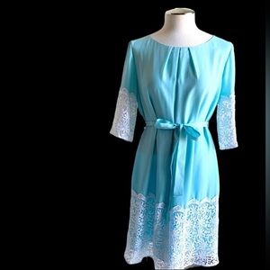 Gianni Bini formal dress, Aqua & white lace trimmed shift dress, lining, size S…